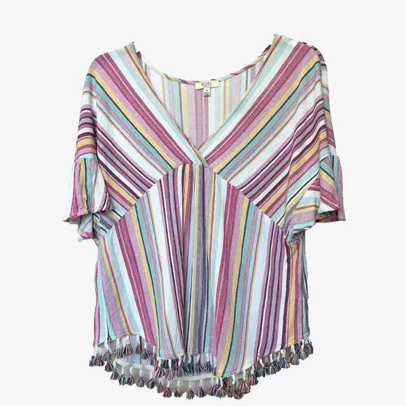 Kori America Top Small Colorful Stripe V Neck Tasseled Boho Baggy Tunic - Picture 1 of 6